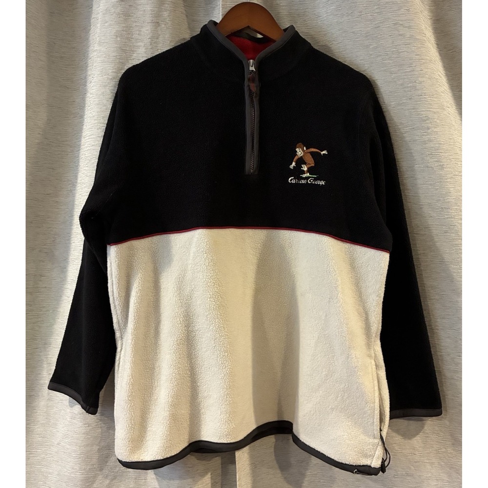 Vintage Curious George Quarter Zip Fleece Sweatshirt Black White 90s Mens Large